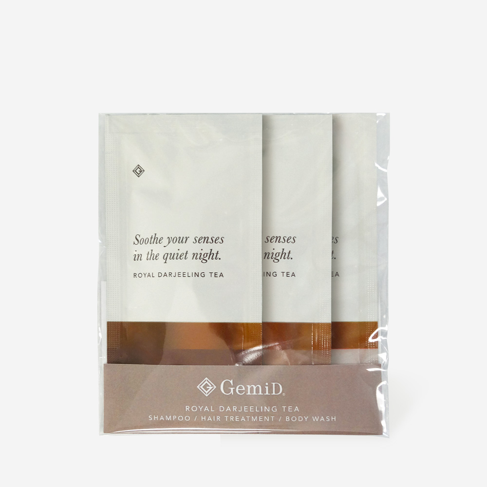 ヘアケア＆ボディソープ パウチ3点台紙セット ロイヤルダージリンティーの香り GemiD (100セット)